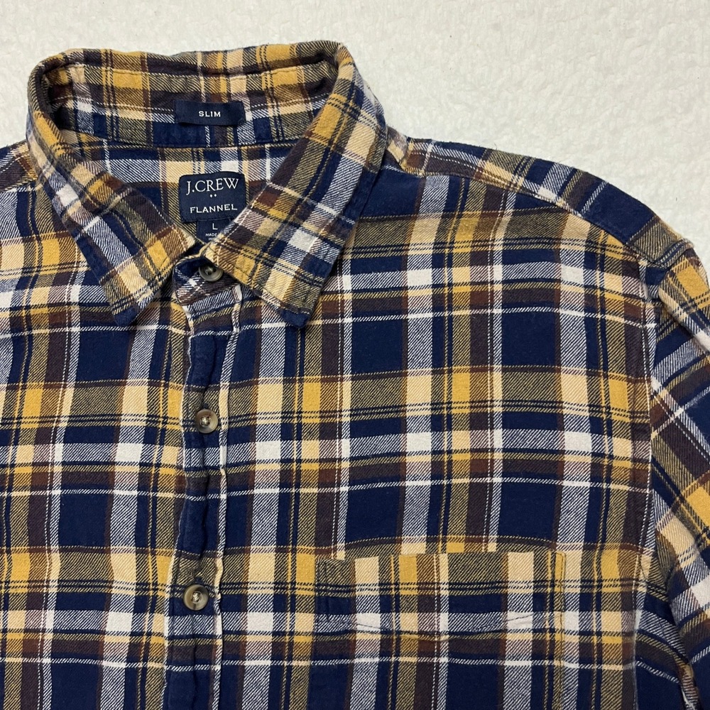 J.Crew Button Down Mens L Blue Yellow Flannel Slim Fit Plaid Long Sleeve Shirt